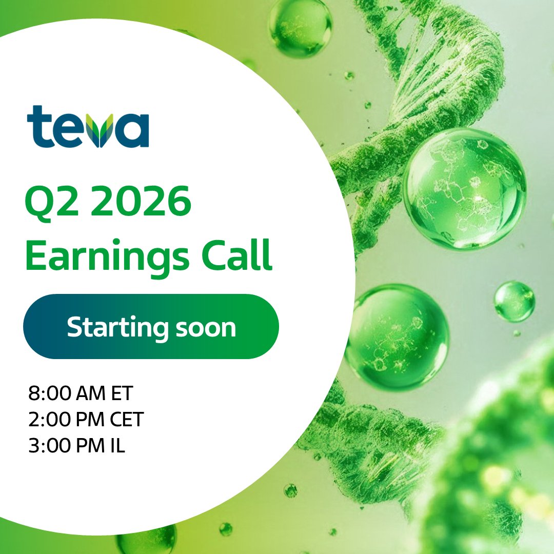 TevaUSA's tweet photo. Our Q2 2026 earnings call is starting in 30 minutes. Join CEO Richard Francis live to hear about Teva's business performance and plans ahead.
https://t.co/u42km2SaYP
Forward-looking statements are subject to the cautionary note included in our Q2 2026 press release.
#QuarterlyResults #Earnings $Teva