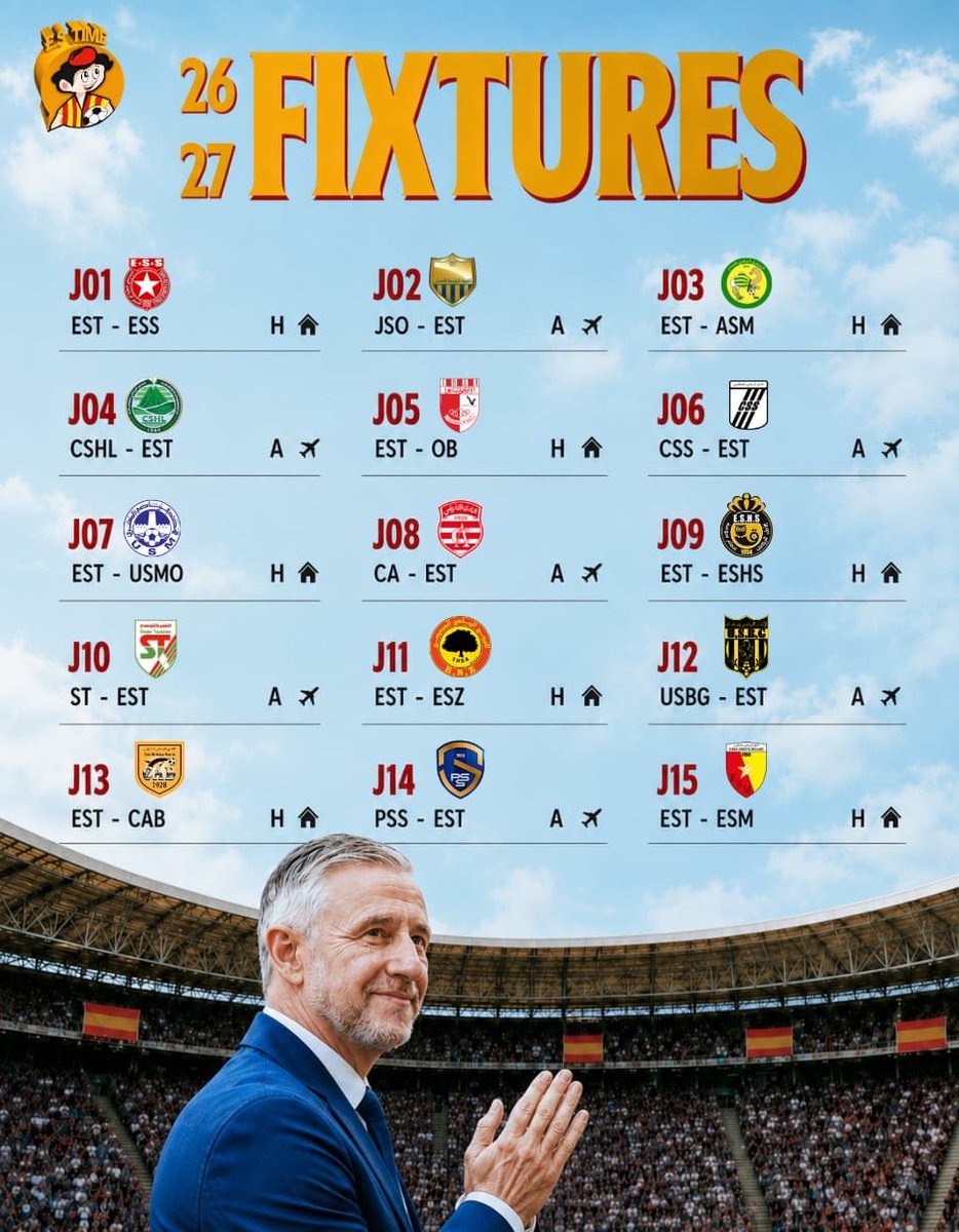 EsperanceTime_'s tweet photo. THE 2026/27 SEASON FIXTURES ARE HERE! ☀️

#LP1 🇹🇳 https://t.co/oejvGmAJ2k