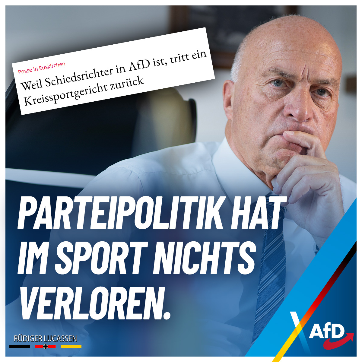 MdB_Lucassen's tweet photo. Fünf Sportrichter treten zurück, weil ein ehrenamtlicher Jungschiedsrichterbeauftragter AfD-Mitglied ist. Keine Beschwerden über seine Arbeit. Kein Fehlverhalten. Keine Vermischung von Partei und Ehrenamt durch ihn. Das einzige „Problem“: seine private politische Überzeugung.

So trägt man die Brandmauer in den Sport und missachtet die politische Neutralität des Vereinslebens. Das schadet dem Ehrenamt und zerstört einen der letzten Bereiche unseres Gemeinwesens, in denen Bürger mit unterschiedlichen politischen Ansichten noch zusammenkommen. Der viel beschworene gesellschaftliche Zusammenhalt wird so mit Füßen getreten.

Ich habe einen offenen Brief an den Fußballkreis Euskirchen geschrieben und dieses Verhalten scharf kritisiert.

Sport muss verbinden, nicht spalten. Parteipolitik hat im Sport nichts verloren.