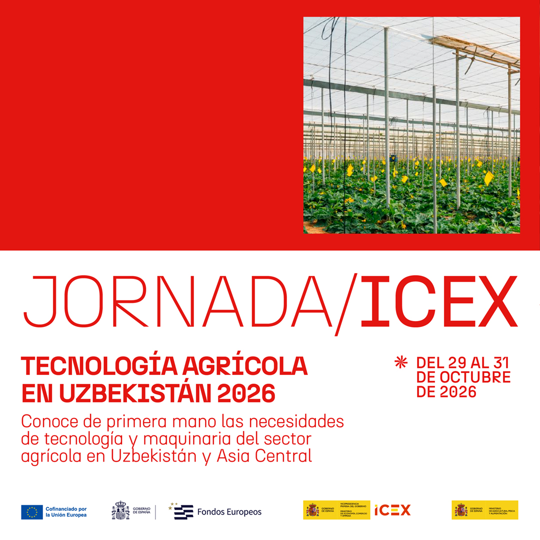 ICEX_'s tweet photo. 🚜👩‍🌾 ¡Uzbekistán abre una ventana de oportunidad para las empresas españolas de tecnología agrícola!

En ICEX hemos organizado unas jornadas en Taskent para que conozcas las necesidades de un país donde la agricultura representa el 25% del PIB. Podrás visitar además la pujante región de Sujandaria, donde se impulsa el desarrollo de invernaderos energéticamente sostenibles que van a ser el nuevo motor agrícola de Uzbekistán. 

📅 Las jornadas, del 29 al 31 de octubre de 2026, se organizan junto al Ministerio de Agricultura, Pesca y Alimentación de España y el Ministerio de Agricultura de Uzbekistán.
🌽 La industria agrícola de Uzbekistán está inmersa en un proceso de modernización para aumentar su productividad. El Gobierno uzbeko está impulsando la introducción de nuevas tecnologías, prácticas agrícolas y equipamientos que permitan incrementar la producción y mejorar la sostenibilidad.
Esa política genera una demanda creciente de maquinaria, tecnología y soluciones sofisticadas.
🏭 En las jornadas, donde dispondrás de traductor, habrá ponencias, mesas redondas y talleres y podrás reunirte con las empresas y realizar visitas a productores y fábricas uzbekas.

🔗 Inscríbete antes del 10 de septiembre: https://t.co/1JrLdUEiAj

Esta actividad es susceptible de ser cofinanciada por el Fondo Europeo de Desarrollo Regional (FEDER).
#FEDER #EuropaSeSiente