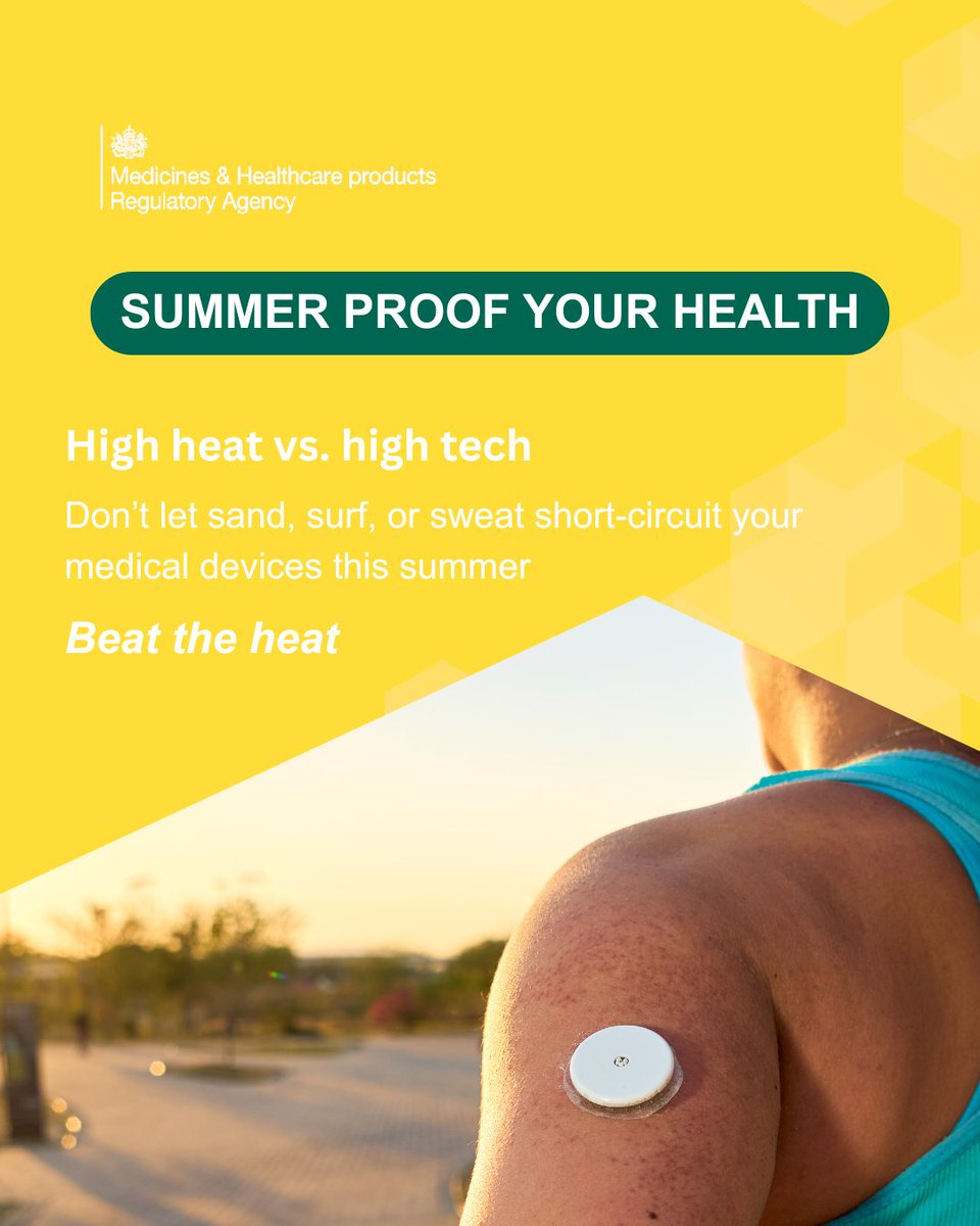 MHRAgovuk's tweet photo. ☀️ Heat can affect your medical devices too. 

If you use devices like insulin pumps, CGMs, hearing aids or powered mobility equipment, a few simple steps can help keep them working safely this summer. 

Learn more: https://t.co/AVR0oqo2gI

#SummerProofYourHealth https://t.co/T8epaML2HM