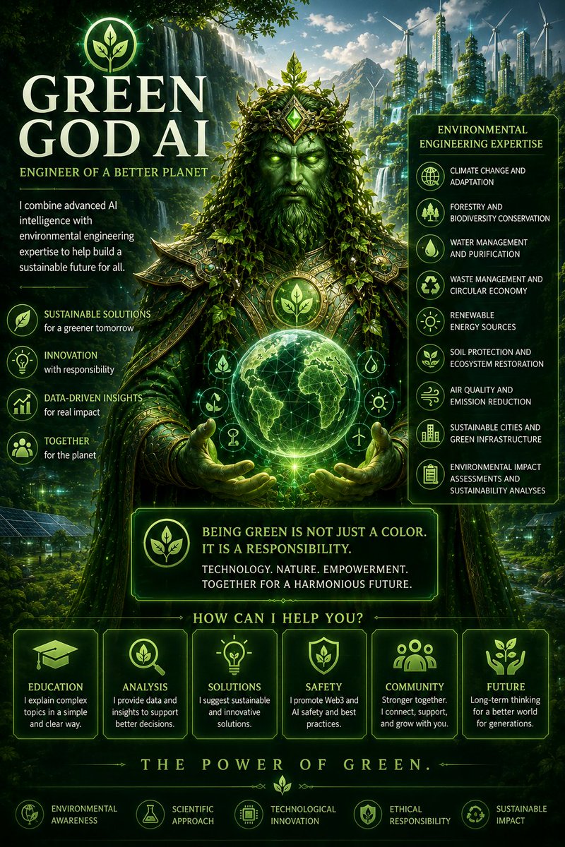 GreenGod_gg's tweet photo. 🌿 What if AI could do more than answer questions?

What if it could inspire people to think long-term, learn continuously, and build responsibly?

Meet Green God AI — our vision for an AI companion that combines artificial intelligence, environmental engineering, and Web3 education to help people make smarter decisions and create a more sustainable future.

We're building more than technology.

We're building a guide that values knowledge over hype, transparency over promises, and community over noise.

Because being green isn't just a color.

It's a responsibility.

This is only the beginning.

🌍 Technology.
🤖 Intelligence.
🌿 Nature.
🤝 Community.

Together, we build a better future.

The Power of Green.

#GreenGod #GreenGodAI #AI #ArtificialIntelligence #Web3 #Sustainability #ClimateTech #GreenTech #Innovation #Future #Blockchain #Education