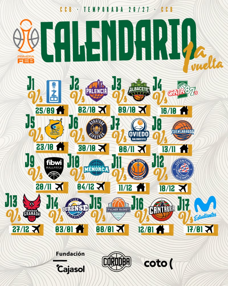 CordobaCB's tweet photo. 🚨 ¡Ya es oficial! El calendario de la #PrimeraFEB ya está aquí.

La cuenta atrás ha comenzado y ya conocemos el camino que recorrerá el #CajasolCotoCórdobaCB esta temporada. 🏀

Nos esperan grandes duelos, visitas de históricos, partidos de máxima rivalidad y muchas tardes de baloncesto que prometen emociones fuertes en Vista Alegre. 👀🔥

¿Quieres vivirlos todos desde el primer minuto? Este es el momento de asegurar tu sitio... 🤍💚

🎟️ Si aún no tienes tu abono, no esperes más. Esta temporada promete… ¡y no querrás que te la cuenten! #GanamosJuntos #ADNBlanquiverde #SigamosHaciendoHistoria