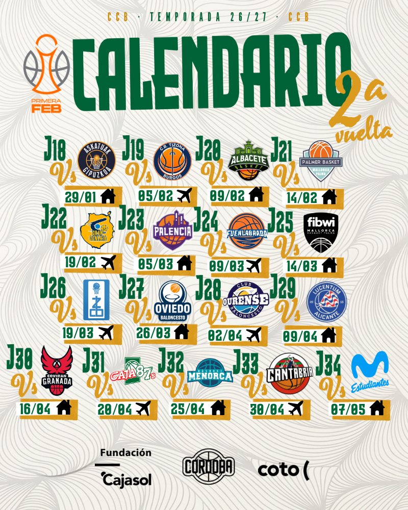CordobaCB's tweet photo. 🚨 ¡Ya es oficial! El calendario de la #PrimeraFEB ya está aquí.

La cuenta atrás ha comenzado y ya conocemos el camino que recorrerá el #CajasolCotoCórdobaCB esta temporada. 🏀

Nos esperan grandes duelos, visitas de históricos, partidos de máxima rivalidad y muchas tardes de baloncesto que prometen emociones fuertes en Vista Alegre. 👀🔥

¿Quieres vivirlos todos desde el primer minuto? Este es el momento de asegurar tu sitio... 🤍💚

🎟️ Si aún no tienes tu abono, no esperes más. Esta temporada promete… ¡y no querrás que te la cuenten! #GanamosJuntos #ADNBlanquiverde #SigamosHaciendoHistoria