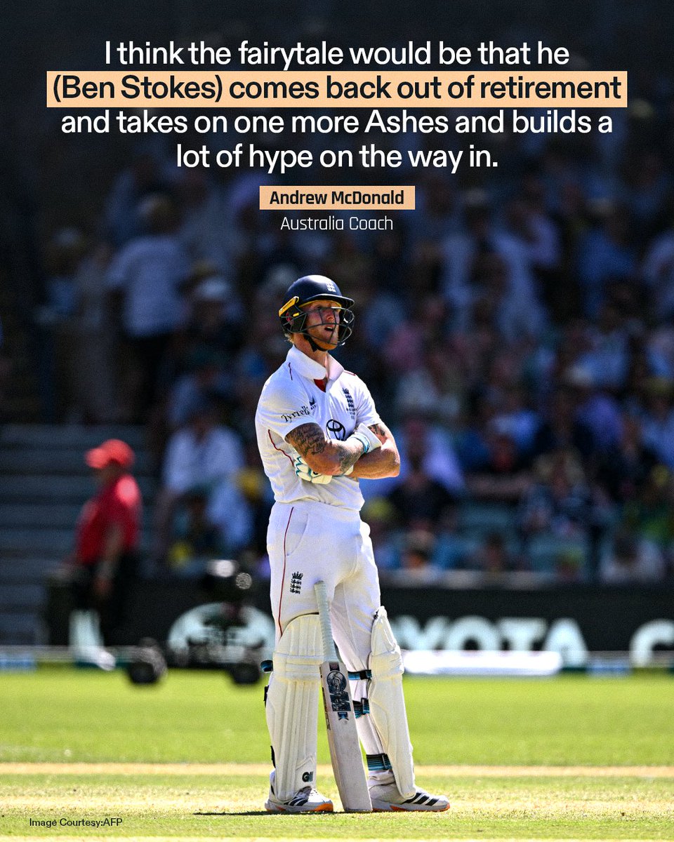 Crex_live's tweet photo. Aussie coach Andrew McDonald believes England’s incoming head coach might just "twist his arm" for one more Ashes campaign.

Would you love to see Stokes back in white? 💭

#BenStokes #TestCricket #Ashes https://t.co/i4mxoXJVyI