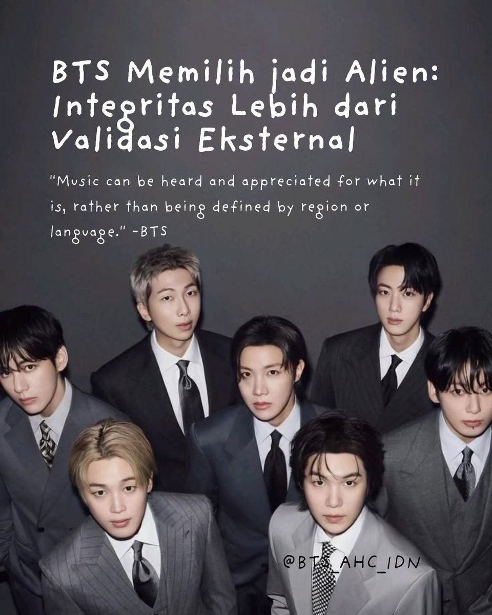BTS_AHC_IDN's tweet photo. Bertahun-tahun, Grammy dianggap sbg "puncak validasi" bagi musisi global. Tapi BTS sekali lagi nunjukkin nilai mereka di mata dunia. Bhw pencapaian terbesar mereka bukan sekadar piala panggung dunia dr "kategori" yg membatasi. Bagi BTS, musik itu melampaui bahasa, ras &amp; batasan. https://t.co/S5nau6ZP90
