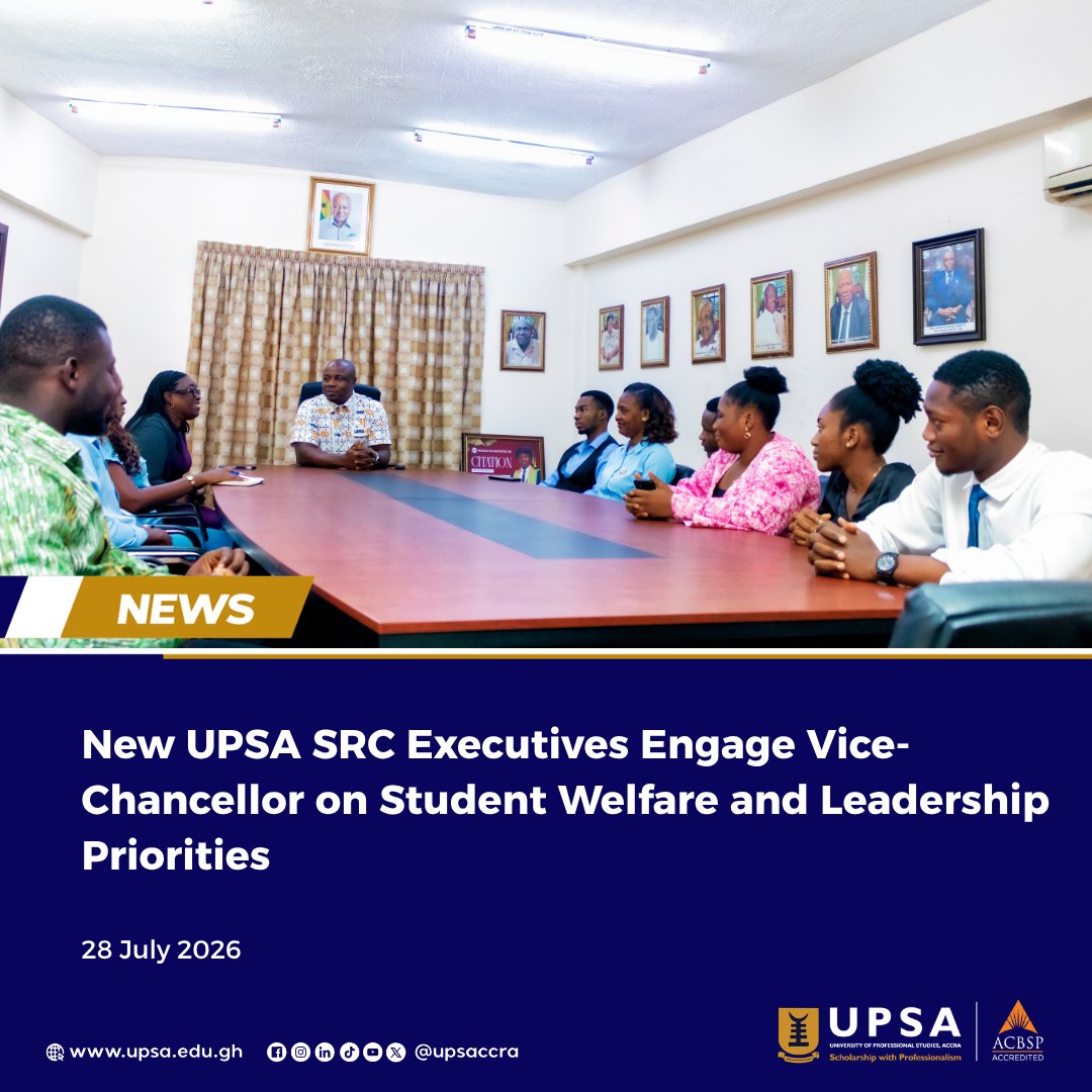 upsaccra's tweet photo. New UPSA SRC Executives meet Vice-Chancellor to discuss student welfare and leadership priorities.

#UPSA #UPSASRC #StudentLeadership #StudentWelfare #InclusiveLeadership #CampusDevelopment #HigherEducation #Leadership #StudentRepresentation https://t.co/d7mZtCCyGT