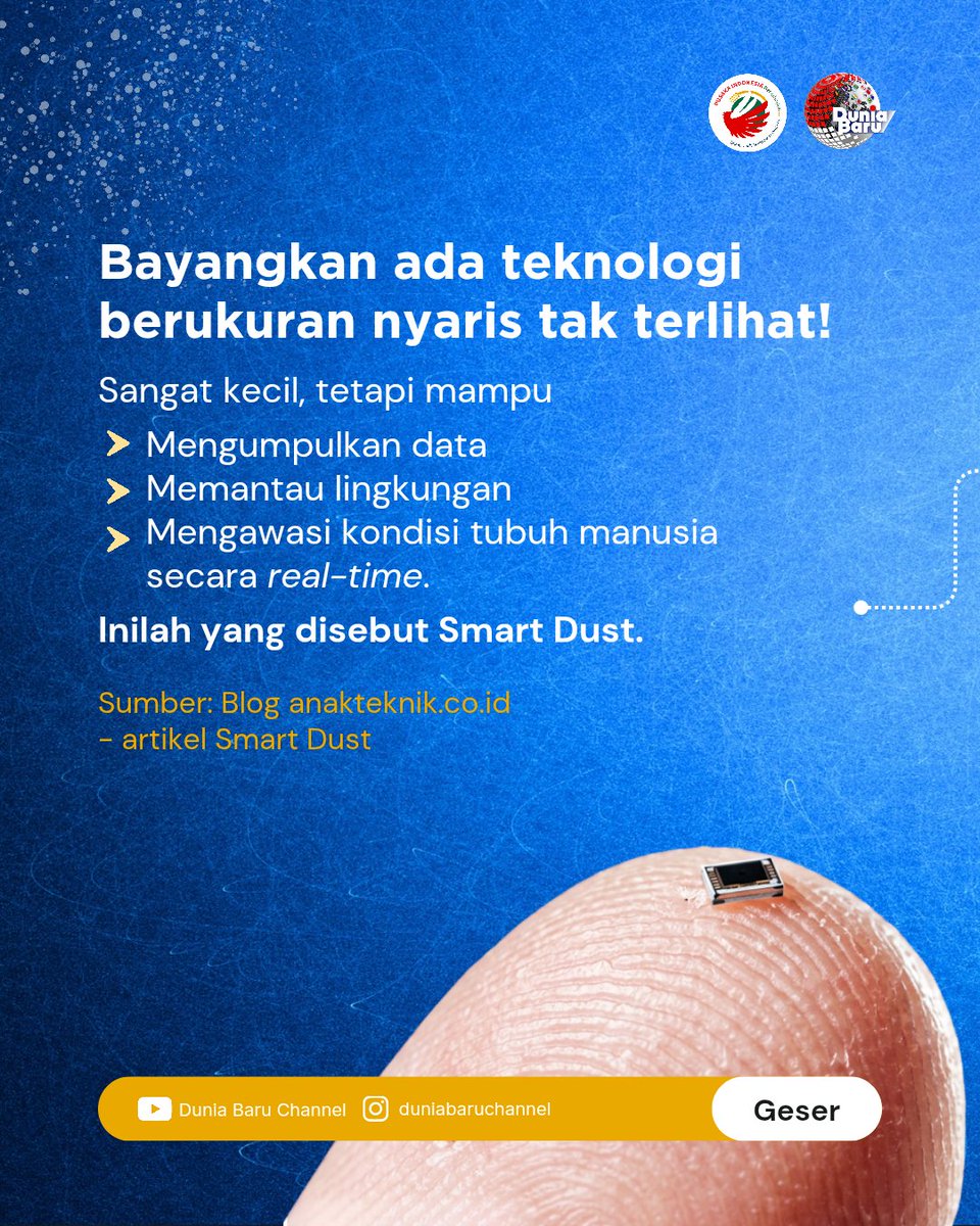 DuniaBaruChanel's tweet photo. Smart Dust, teknologi canggih atau alat spionase?
Geser dan simak info tentang teknologi pintar buatan manusia yang bisa digunakan untuk berbagai tujuan.
Pertanyaannya, tujuan itu demi apa dan siapa? Berikan tanggapanmu di kolom komentar, ya!
#smartdust #duniabaruchannel https://t.co/b2aQzbNVed