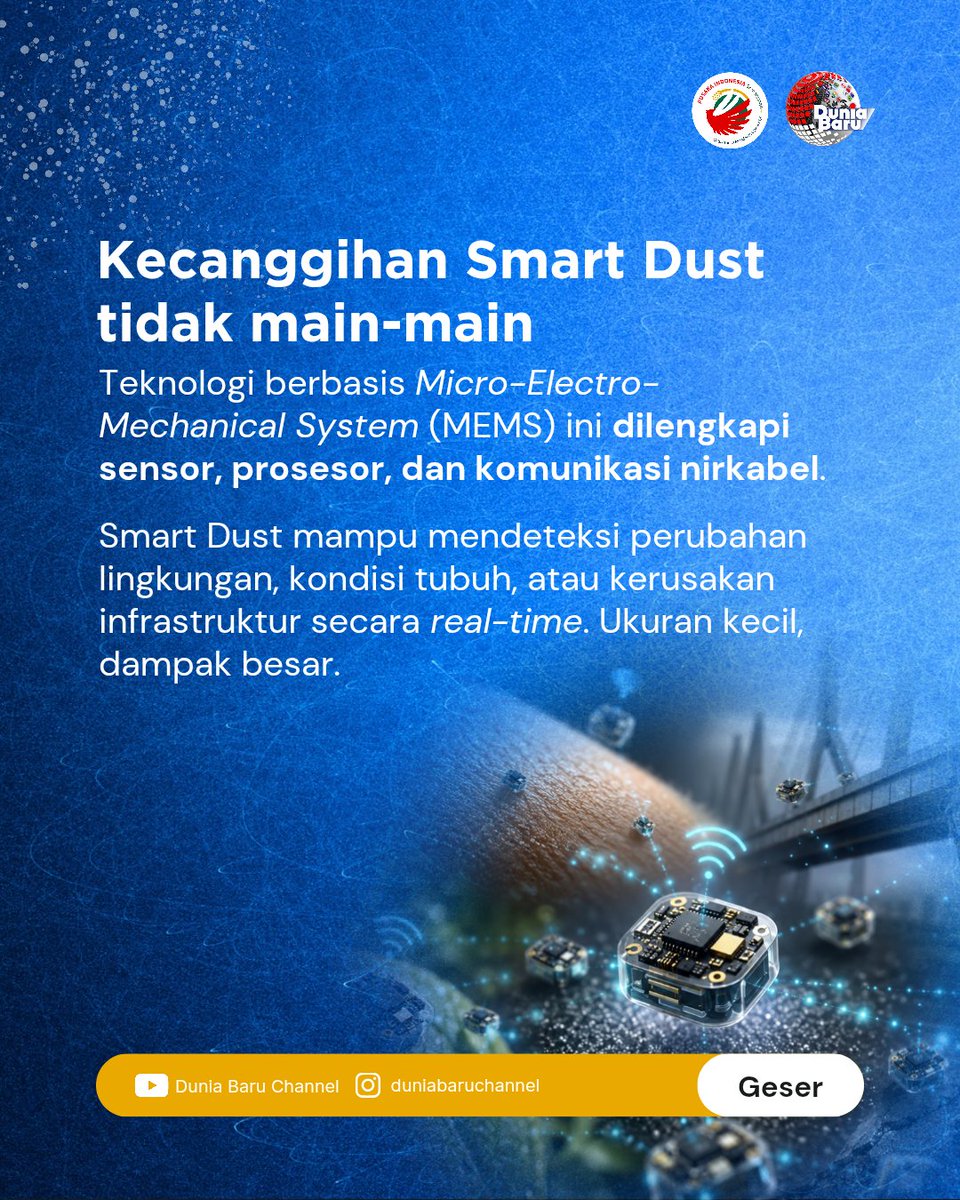 DuniaBaruChanel's tweet photo. Smart Dust, teknologi canggih atau alat spionase?
Geser dan simak info tentang teknologi pintar buatan manusia yang bisa digunakan untuk berbagai tujuan.
Pertanyaannya, tujuan itu demi apa dan siapa? Berikan tanggapanmu di kolom komentar, ya!
#smartdust #duniabaruchannel https://t.co/b2aQzbNVed