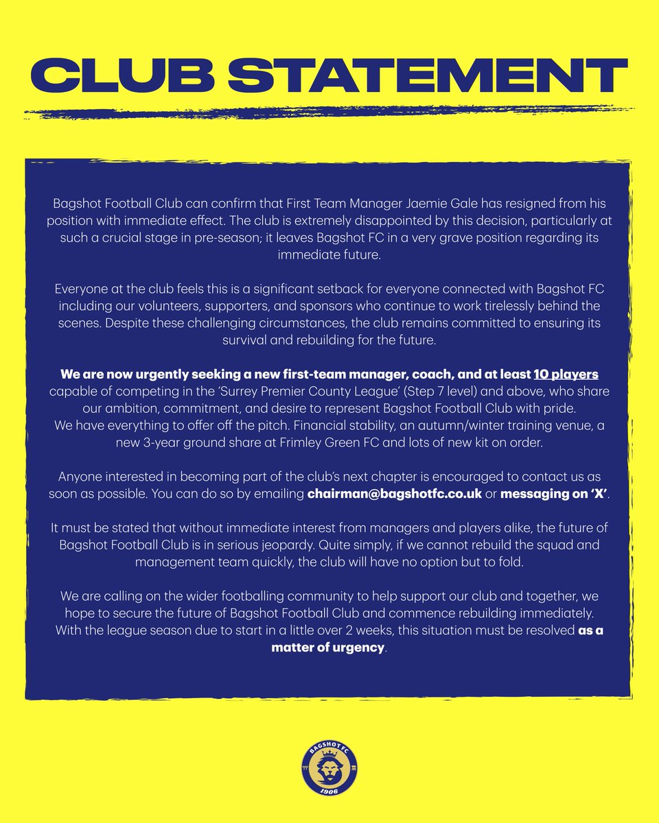 BagshotFC's tweet photo. URGENT CLUB STATEMENT:

💻: https://t.co/11b5idAbrc

♻️ Please RT @nonleaguesouths @NonLeagueHQ1 @ReviewNonLeague  @NonLeagueCrowd https://t.co/uMDSzoCecq