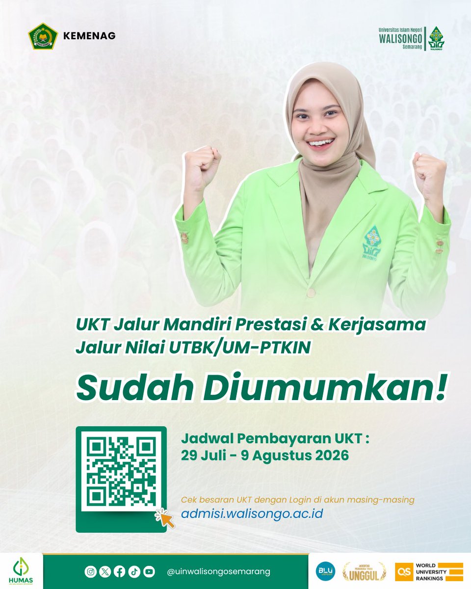 UinWSofficial's tweet photo. Sobat #Genwa2026, Besaran UKT jalur Mandiri Prestasi dan Kerjasama, jalur Nilai UTBK/UMPTKIN 2026 sudah bisa dilihat melalui https://t.co/yALG9Ixhwd dengan Login menggunakan akun masing-masing.

Pembayaran UKT dibayarkan mulai 29 Juli hingga 9 Agustus 2026

#uinwalisongosemarang https://t.co/1vPkZa7QMX