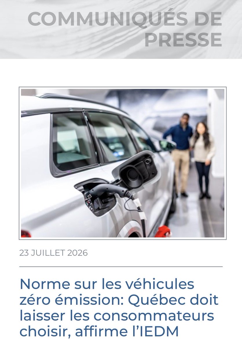 E_Duhaime's tweet photo. VÉHICULES ÉLECTRIQUES

Après avoir atteint 35,9% des ventes en 2024, les voitures électriques ne représentent plus que 15% des nouveaux véhicules vendus pour la première moitié de l’année 2026, selon les plus récents chiffres de l’IEDM. 

71% des automobilistes québécois estiment que les véhicules électriques sont juste trop chers pour leur budget. 

Or, le gouvernement québécois exige que 32,5% des véhicules vendus au Québec en 2026 soient électriques. Et ce pourcentage augmente tous les ans. L’objectif est d’atteindre 90% en 2035. 

Il manque présentement 6600 véhicules électriques parmi tous les véhicules vendus cette année pour atteindre le quota de 32,5%.

Le gouvernement impose une taxe de 20,000$ sur chacun des véhicules vendus qui doit être électrique, mais qui ne l’est pas.

C’est une pénalité de 132 millions $ que pourraient devoir payer les constructeurs automobiles.

Ils refileront sans aucun doute la facture aux consommateurs québécois qui paieront encore plus cher qu’ailleurs leurs autos.

Voici une énième preuve que le gouvernement doit ABOLIR cette obligation d’acheter électrique. Ça devient une taxe déguisée, injuste et inutile.

Seul le Parti conservateur respecte la liberté de choisir des automobilistes et s’engage à éliminer ces coûteux quotas.

#MonCharMonChoix