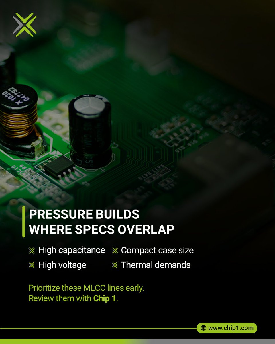 chip1exchange's tweet photo. Which MLCC specifications need attention first?

When high capacitance, high voltage, compact size and thermal demands overlap, sourcing options narrow quickly.

Chip 1 maps availability and alternatives before choices disappear.

#MLCC #ComponentSourcing https://t.co/4NnFUw3c0Q