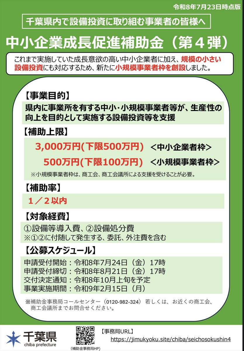 MasamitsuTakeda's tweet photo. 千葉県からお知らせです。#中小企業成長促進補助金 https://t.co/F3pH2EPtSw