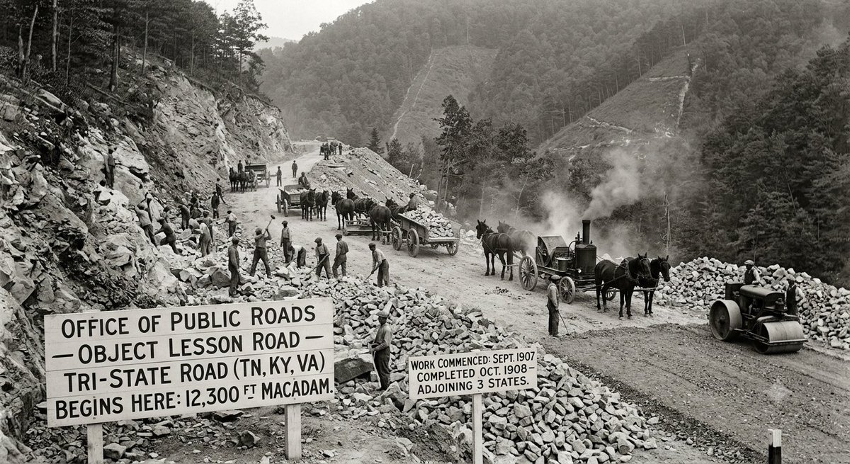 Premierauto1991's tweet photo. Here's a version optimized for X (under 200 characters):

🛣️ On this day in 1907, work began on the 3-state Tri-State Road at Cumberland Gap. Finished in 1908, it helped pave the way for modern travel. 🚗 #OnThisDay #History #RoadConstruction https://t.co/jbzqjCAqya
