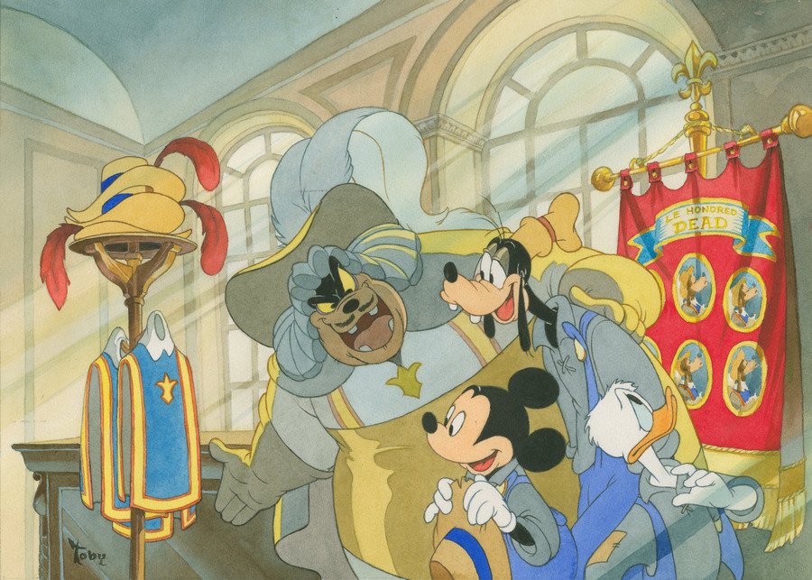 DisneyReact's tweet photo. 🎨 Arte conceptual de 'Mickey, Donald, Goofy: Los Tres Mosqueteros' (2004) realizado por el artista Toby Bluth (hermano de Don Bluth) con la técnica clásica de acuarela y gouache https://t.co/3cQmwlRNC8