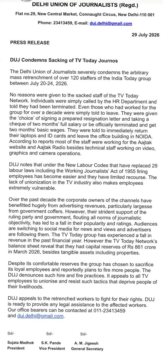 DUJ1949's tweet photo. DUJ condemns the mass retrenchment of journalists in TV Today Network of India Today. We appeal retrenched workers to fight for their rights. We’re ready to provide legal assistance to the affected workers. Our office bearers can be contacted at 011-23413459 &amp; duj.delhi@gmail.com https://t.co/m1nfXnEWGv