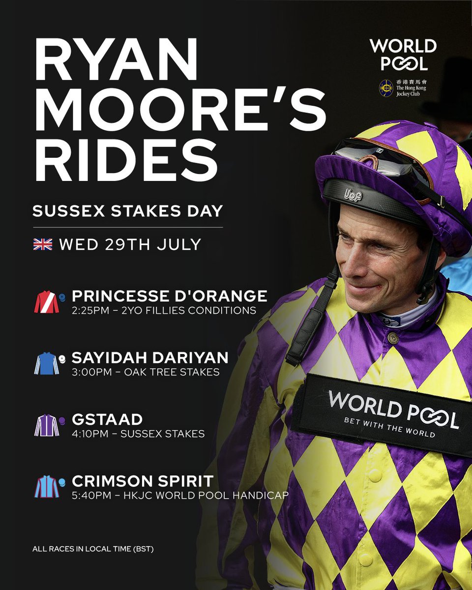 WorldPool's tweet photo. World Pool ambassador Ryan Moore's rides on Day Two at Goodwood! 👇

#WorldPool | @Goodwood_Races https://t.co/P60xPtQEIQ