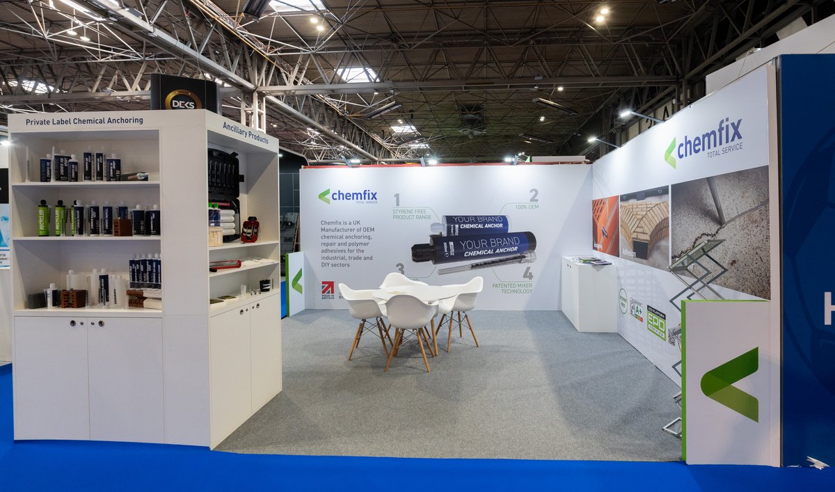 RHDisplays's tweet photo. 📐 At RH Displays &amp; Exhibitions, we create bespoke exhibition stands to suit every objective, budget and exhibition space.

🚀 This custom 5m x 3m stand for CHEMFIX  at InstallerSHOW is a perfect example of how a smaller stand can still make a big impression. https://t.co/PVaPg5XZCc