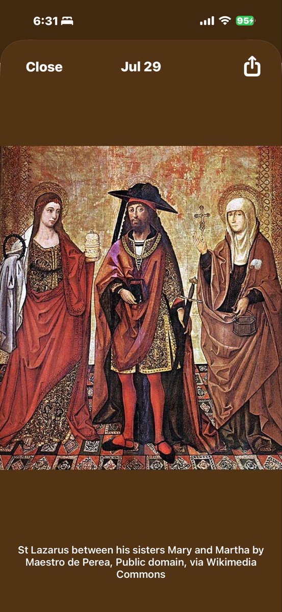 FrObikwelu's tweet photo. Today we celebrate the Memorial of Saints Martha, Mary, and Lazarus.

SAINTS MARTHA, Mary and their brother Lazarus were evidently close friends of Jesus.  He came to their home simply as a welcomed guest, rather than as one celebrating the conversion of a sinner like Zacchaeus or one unceremoniously received by a suspicious Pharisee.  The sisters feel free to call on Jesus at their brother’s death, even though a return to Judea at that time seems almost certain death. No doubt Martha was an active sort of person.  On one occasion (see Luke 10:38-42) she prepares the meal for Jesus and possibly his fellow guests and forthrightly states the obvious:  All hands should pitch in to help with the dinner.
SAINT MARY OF BETHANY was Martha’s sister, whose attitude in listening to Jesus was praised by him at their visit to her home (Luke 10:39-42).  She is not to be confused with Mary Magdalen.  At his final dinner at their house during Holy Week, she anointed Jesus’ feet in preparation for his death and burial.
SAINT LAZARUS, the brother of the sisters is mentioned in the Gospel of John.  He was raised from the dead by Jesus (John 11) and later sought out by the enemies of Jesus. 
Originally celebrated as the Memorial of Saint Martha, this Memorial was expanded in 2020 by Pope Francis to include the entire household at Bethany.