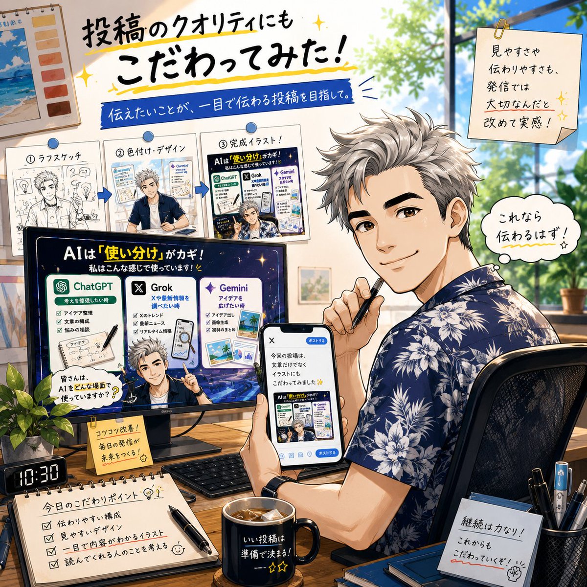 ichi_daiboken's tweet photo. 今回は投稿だけでなく、イラストにもこだわってみました✨

「伝えたいことが、一目で伝わる投稿」を目指して少しずつ改善しています。

見やすさや伝わりやすさも、発信では大切なんだと改めて実感。

これからも内容だけでなく、デザインにもこだわっていきます！

皆さんは、文章とイラスト、どちらが印象に残りますか？

#AI活用 #Grok4