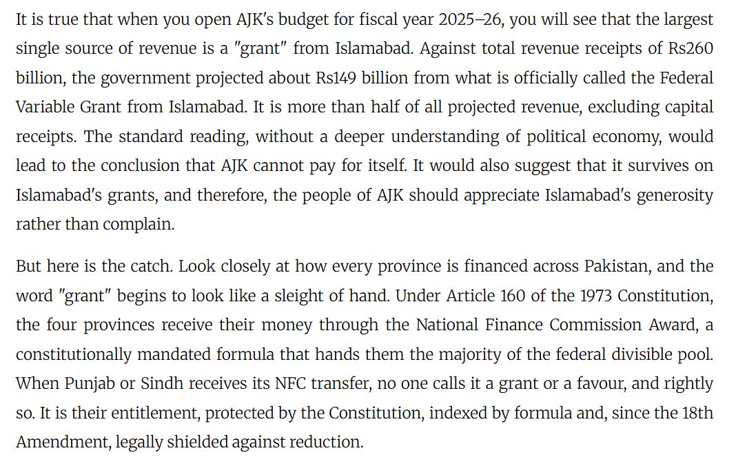 maybe_ghuf's tweet photo. The debate around AJK's subsidies and grants is a red herring to distract from deeper political-economic issues. The real problem is the consitutional and fiscal limbo that the center has forced on AJK, directly causing suffering and improverishment among its people. https://t.co/OZDjRdtR15