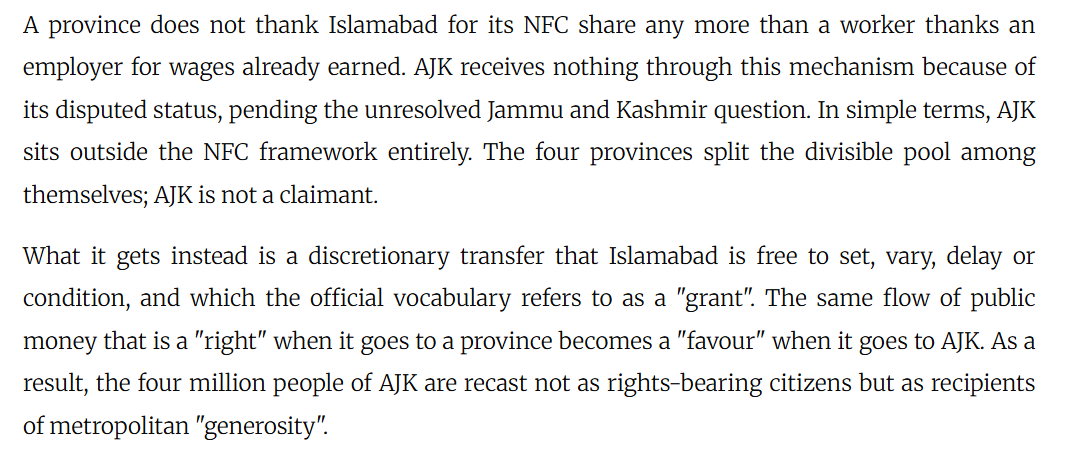 maybe_ghuf's tweet photo. The debate around AJK's subsidies and grants is a red herring to distract from deeper political-economic issues. The real problem is the consitutional and fiscal limbo that the center has forced on AJK, directly causing suffering and improverishment among its people. https://t.co/OZDjRdtR15