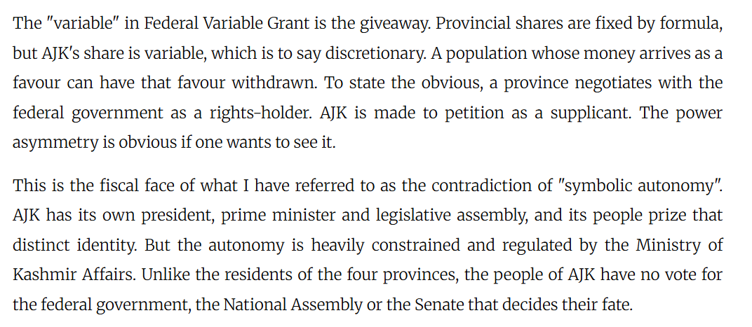 maybe_ghuf's tweet photo. The debate around AJK's subsidies and grants is a red herring to distract from deeper political-economic issues. The real problem is the consitutional and fiscal limbo that the center has forced on AJK, directly causing suffering and improverishment among its people. https://t.co/OZDjRdtR15