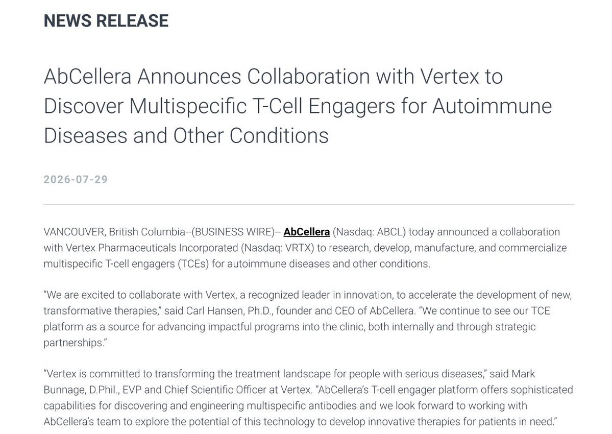 JackPrescottX's tweet photo. $ABCL AbCellera Announces Collaboration with Vertex to Discover Multispecific T-Cell Engagers for Autoimmune Diseases and Other Conditions: 

“Under the terms of the agreement, AbCellera will leverage its proprietary TCE platform to lead discovery and early development activities. Vertex will fund all research and development costs and will have the right to develop and commercialize therapeutic multispecific antibodies resulting from the collaboration 

AbCellera will receive $28 million in total upfront payments and is eligible to receive preclinical, development, regulatory, and commercial milestone payments, along with tiered royalties on net sales. In addition, AbCellera and Vertex may mutually agree to have AbCellera perform cell line development, process development, and clinical manufacturing through Phase 1 for any program under the collaboration.”

No dollar amount listed on what milestone payments might look like. Something to consider is the recent ABCL x Jazz TCE deal. Jazz is a $16B company and structured it as “should Jazz exercise its option for development, AbCellera is eligible to receive up to $792 million per program in option fees and development, regulatory, and commercial sales milestone payments along with tiered royalties on net sales ranging from mid-single digits to low double-digits.” 

Vertex is a $124B company. The TCE space is hot right now. 

Vertex acknowledges “AbCellera's T-cell engager platform offers sophisticated capabilities for discovering and engineering multispecific antibodies”

I think it’s reasonable to assume the $$ amount for potential preclinical, development, regulatory, and commercial milestone payments could end up being valuable.