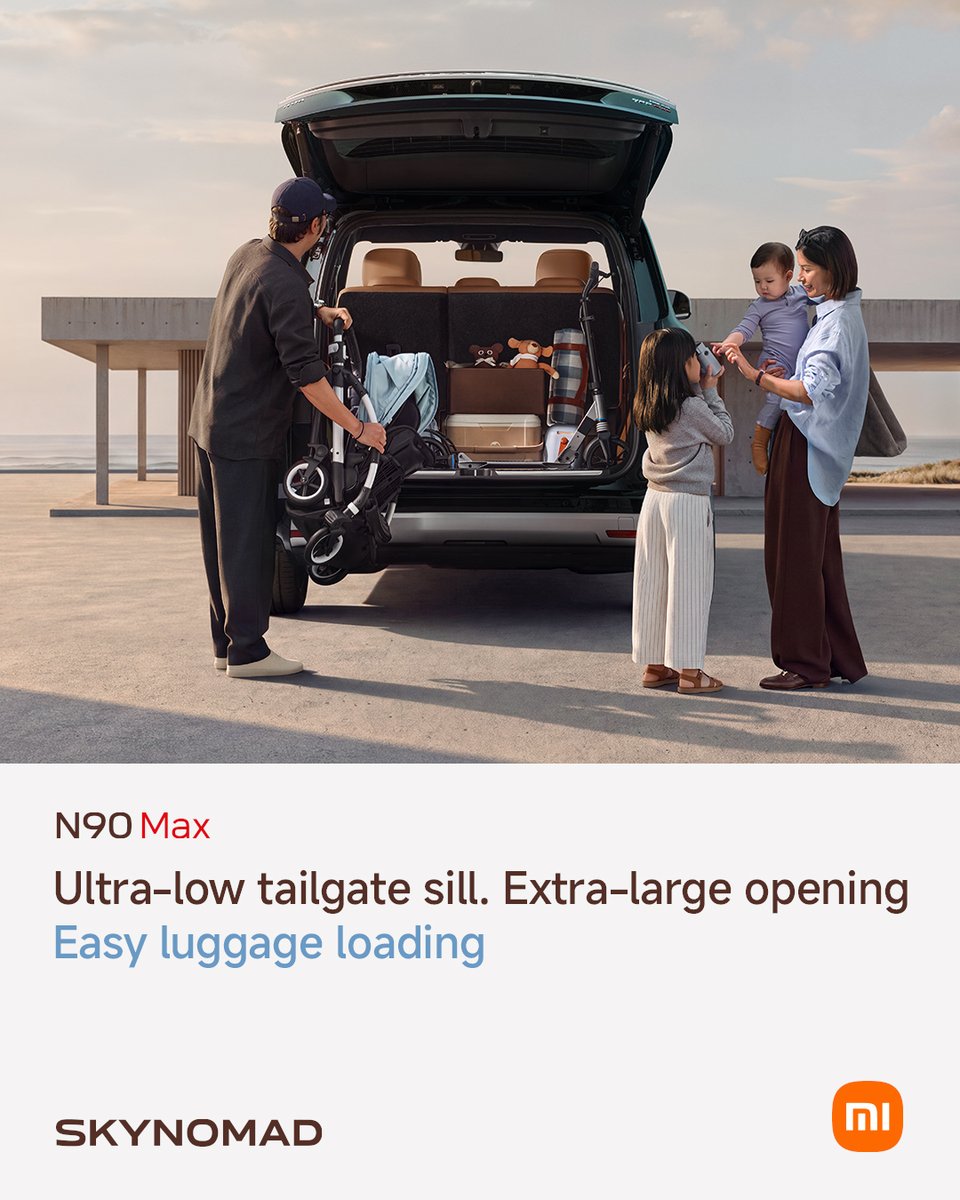 Xiaomi's tweet photo. Xiaomi SkyNomad N90 Max is designed with every detail in mind.

Rear doors open to nearly 90° for easier entry and exit, while an ultra-low tailgate sill and extra-large opening make loading luggage effortless.

Discover more at Xiaomi SkyNomad Technology Launch Event on July 30 at 7PM (GMT+8).