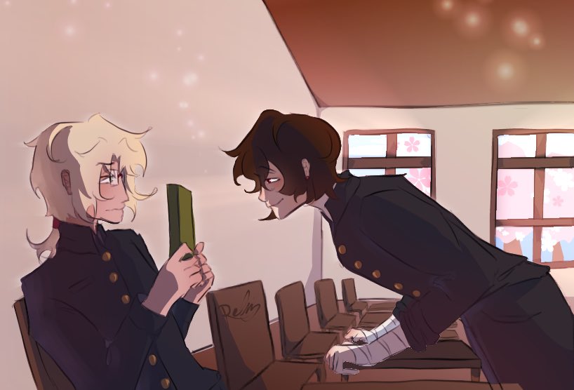 relvig_'s tweet photo. Day 5 - Teenage AU 
They lowkey just Nerd x Popular kid

(I forgot Dazai eye bandage to like kinda show but I’m to lazy…also Kunikida has shorter hair cause it just feels right for teenage au)
@KunizaiWeek #kunizai #kunikida #dazai #bsd #kunizaiweek2026  #bsdtwt https://t.co/iYIOya8YQG