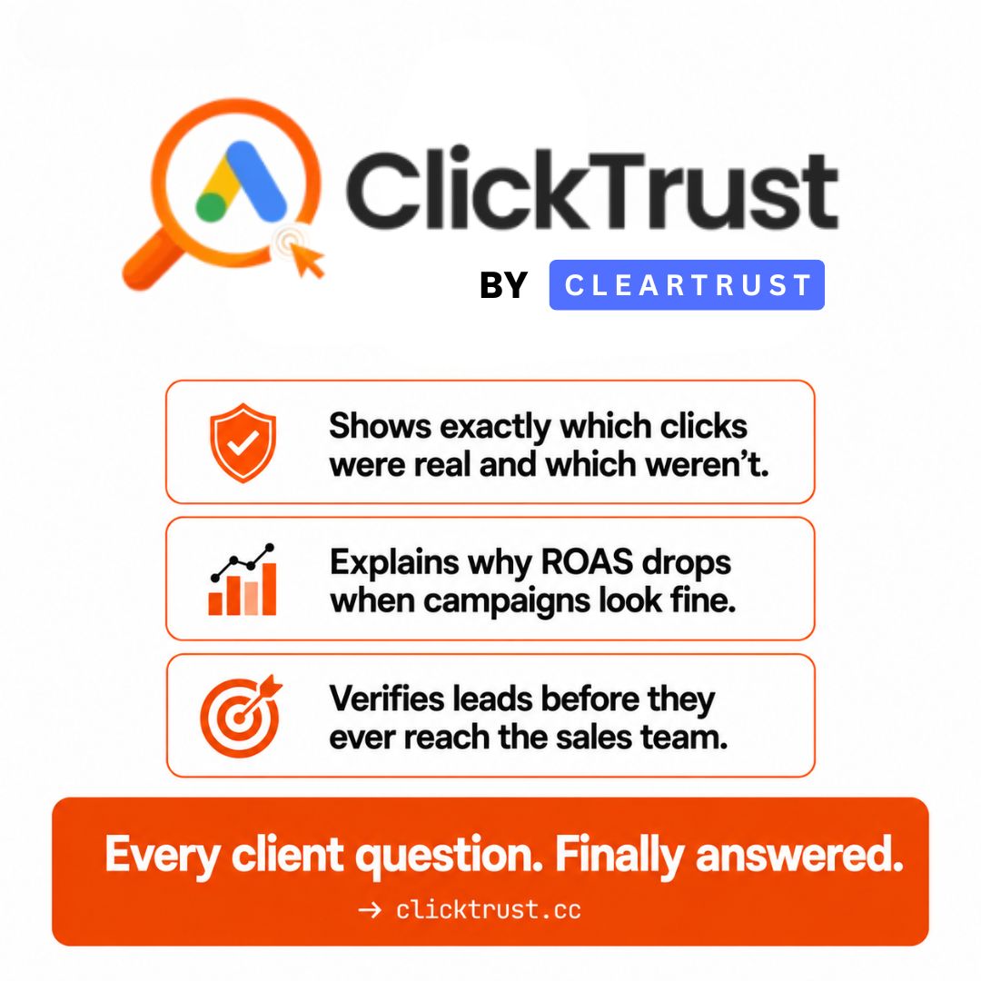 clicktrustcc's tweet photo. 3 questions every agency client asks. 👇

Most agencies can't answer a single one. 😶

The traffic was always the problem.
Nobody checked it.

ClickTrust fixes that. → https://t.co/EsHoct3yRV 🛡️

#AgencyLife #AdFraud #ClickFraud https://t.co/mHChdNBgWl