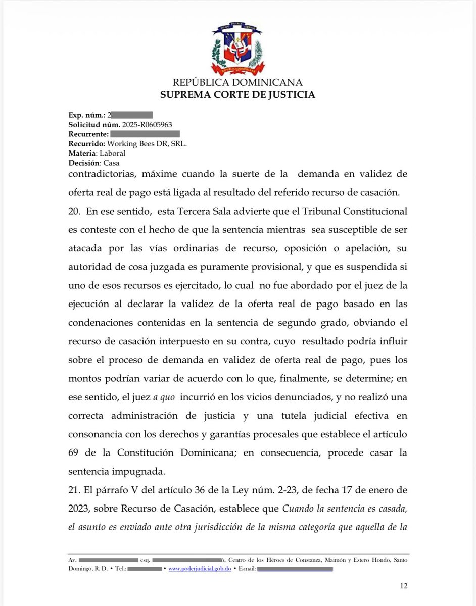 FJimenezRD's tweet photo. Interés casacional. Creación de doctrina: Demanda en validez de oferta real de pago formulada antes de que culmine definitivamente el litigio. Mientras una sentencia sea susceptible de ser atacada por las vías ordinarias o por el recurso de casación, su autoridad de cosa juzgada es puramente provisional, circunstancia que debió valorarse antes de declarar la validez de la oferta real de pago. Factum: empleador que obtuvo la validez de una oferta real de pago realizada en virtud de una sentencia que había sido recurrida en casación.