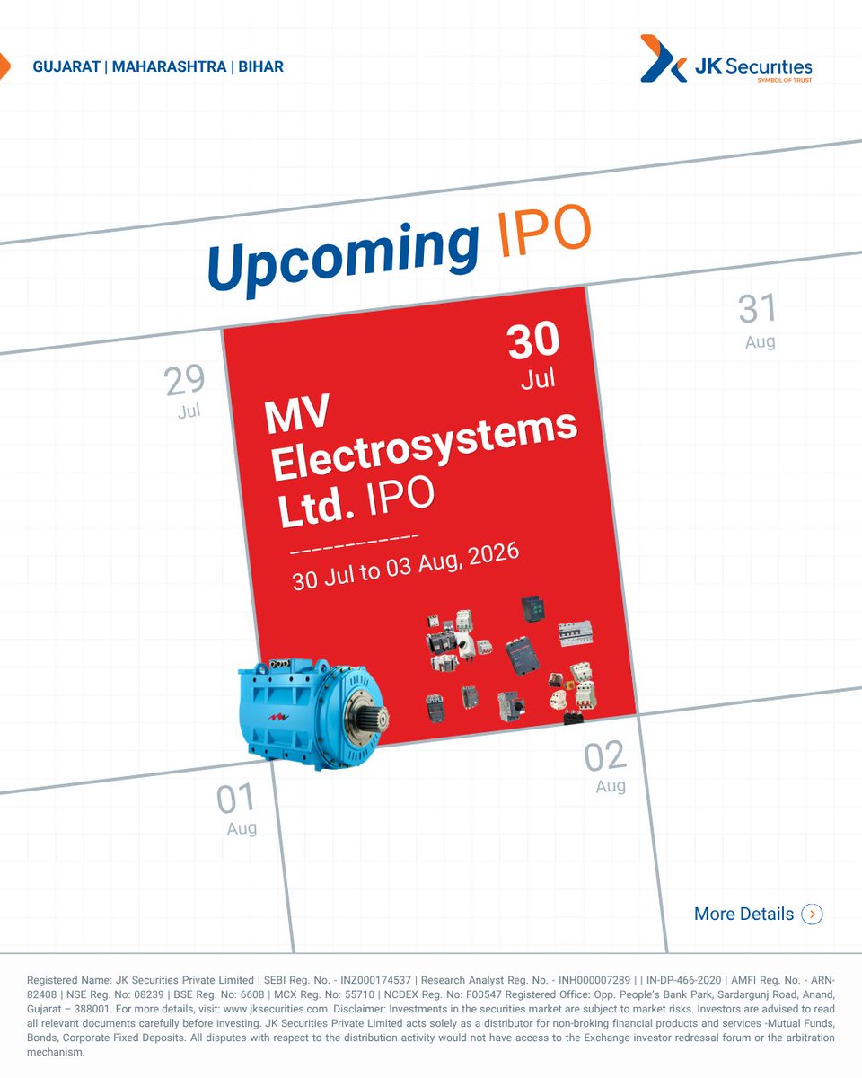 JKSecurities1's tweet photo. MV Electrosystems IPO 📢:

💰 Issue Size: ₹290 crores
📅 Subscription Period: 30 Jul – 3 Aug 2026
🔔 Allotment Date: 4 Aug 2026
📈 Listing Date: 6 Aug 2026

#ipo #ipolisting #ipoinvesting #investment #stockmarketindia #trading #iponews #stockmarket #MVElectrosystems https://t.co/G73GF96BVG