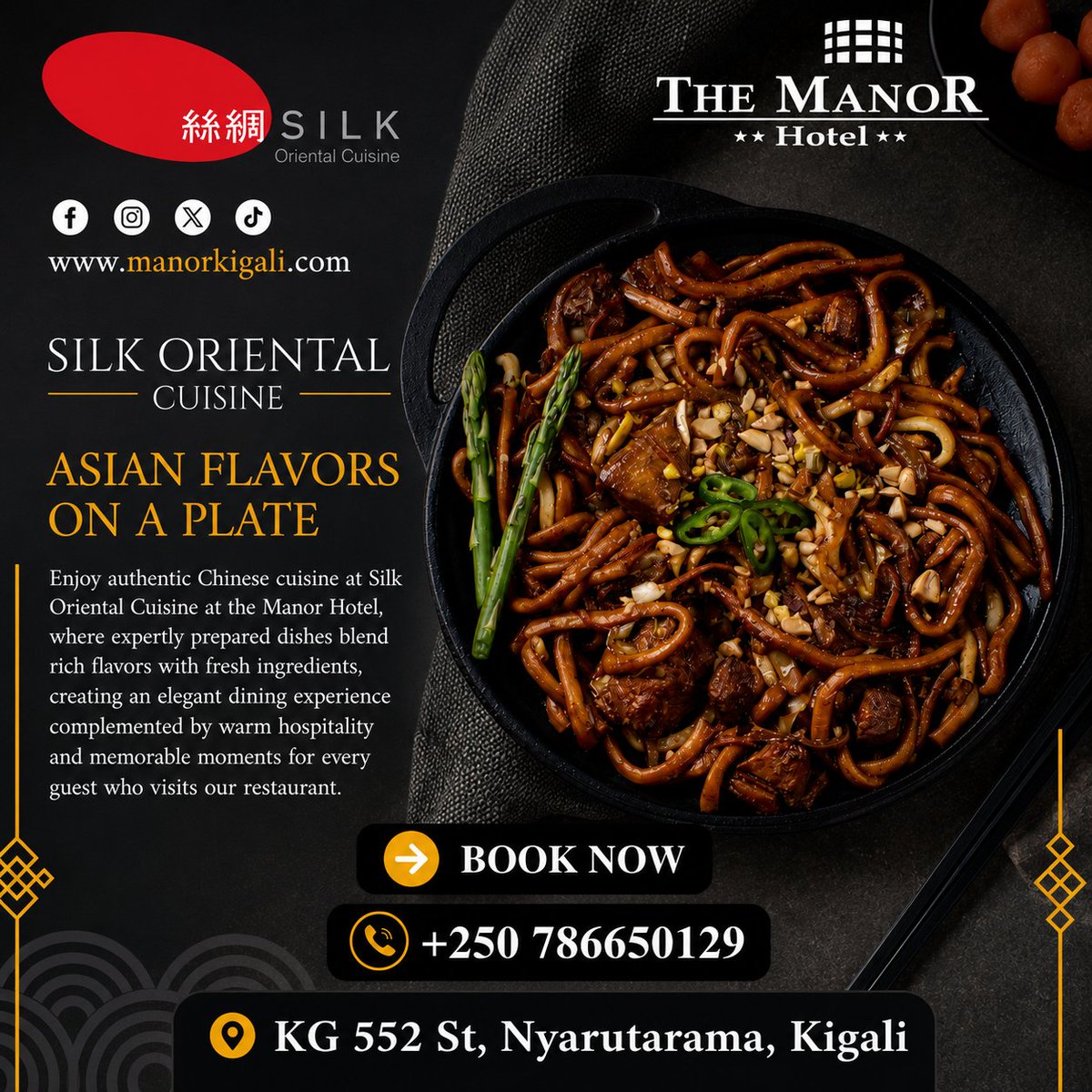 TheManorRW's tweet photo. 🥢 Bold flavours, fresh ingredients, and authentic Asian cuisine await at Silk Oriental Cuisine. From sizzling noodles to signature Chinese favourites, every dish is crafted to delight your taste buds.

📍 The Manor Hotel, KG 552 St, Nyarutarama, Kigali
📞 +250 786 650 129 https://t.co/J3O6UPu180
