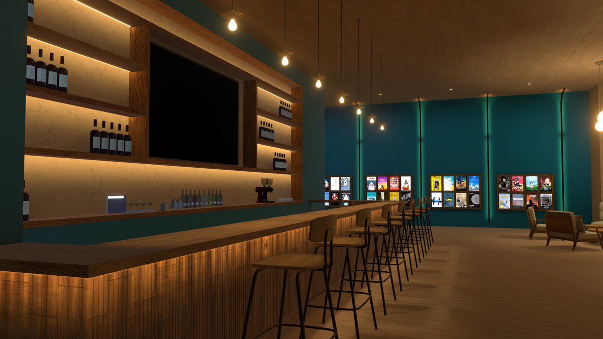 sebone_VRC's tweet photo. ワールド名「VRC CINEMA BOOK CAFE 」

現実の名作映画をオマージュした32枚の映画ポスターと、
100作品以上の予告編を楽しめるCAFE＆BARワールドとなっています。

奥のステージには映画ポスターを背景に集合写真が撮れる撮影ブースもご用意しています📸
ぜひお越し下さい～！

 #VRChat_world紹介 https://t.co/tE2cMBWAKc