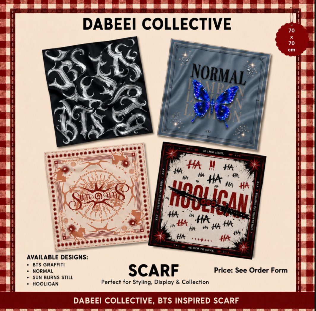 Dabeeictvph's tweet photo. ⋆˚࿔ INSPIRED by BTS SCARF (added design)🧣

📅: 07/26 - 08/26

🖇️ Order Form: https://t.co/kk2xKtU8ec

🧾 Payment Form: https://t.co/zryOgi15bb

Fan-made Design • Unofficial Merchandise

#BTS #armybts https://t.co/5jyy8ep21P