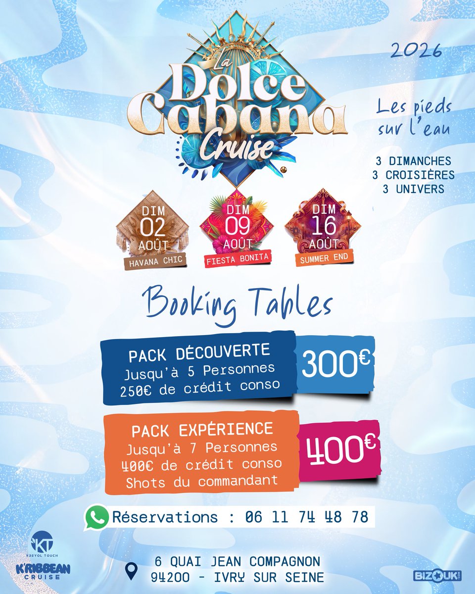 KREYOLTOUCH_'s tweet photo. 🍾 Une table….Ton équipage….Une croisière... Le Soleil. Le reste, c’est la Dolce Cabana Cruise 🥳

3 DIMANCHES ⭐ 3 CROISIÈRES ⭐ 3 UNIVERS

📆 2 AOÛT • 9 AOÛT • 16 AOÛT

🎛️ Aux platines :
ELADJI • TYSON • VLM • LOU • DJABKILLA • LIL KILLA • SEADE • CHIMIK • SOWN • T-WILL • BADNESS • SKETY

🌊 Largue les amarres… l’équipage de la Dolce Cabana Cruise t’attend.😛

🍾RÉSA DE TABLE(S) : 06 11 74 48 78 (Sms / Whatsapp uniquement)

🎟️Plus d’infos & Billetterie (Lien en Bio) : https://t.co/w8J8838EKi