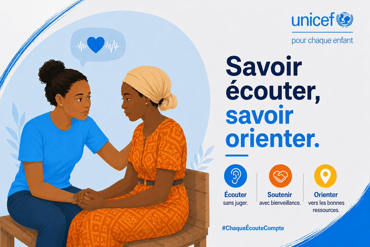 UNICEFGuinea's tweet photo. Écouter est important. Savoir accompagner l'est encore plus.
Suivez le Module 2 de notre semaine spéciale UNICEF sur AGORA et apprenez à apporter un soutien initial aux survivantes de VBG.
Lien: https://t.co/8u5PttDWHN
#UNICEFGuinée #pourchaqueenfant #StopVBG #AGORA https://t.co/UD0ARNvcpd