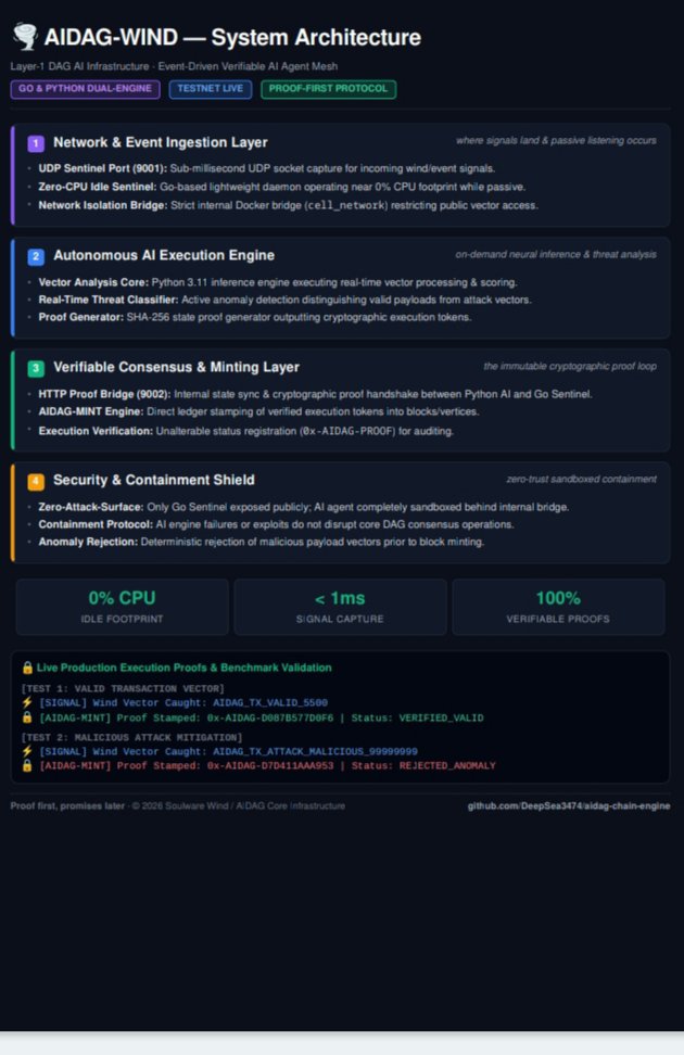 AidagChain_'s tweet photo. 🌪️ Introducing AIDAG-WIND: Layer-1 Verifiable AI Mesh Engine
​Most AI x Crypto projects build slide decks. We built a living, event-driven execution mesh.
​⚡ Zero-CPU Idle Architecture: Go Sentinel cell paired with isolated Python AI inference engine.
🔒 Sub-second Proofs: Ledger-stamped cryptographic verification (0x-AIDAG-PROOF) for every AI decision.
🛡️ Real-time Threat Mitigation: Instant anomaly rejection on directed acyclic graph (DAG) rails.
​Proof first, promises later.
​🎬 Watch the Interactive Live Demo:
https://t.co/GTbgeS30el
​📦 GitHub Repository & Specs:
https://t.co/SuaKquQDL5
​#Web3 #AI #Blockchain #Layer1 #AIDAG #CryptoInfrastructure