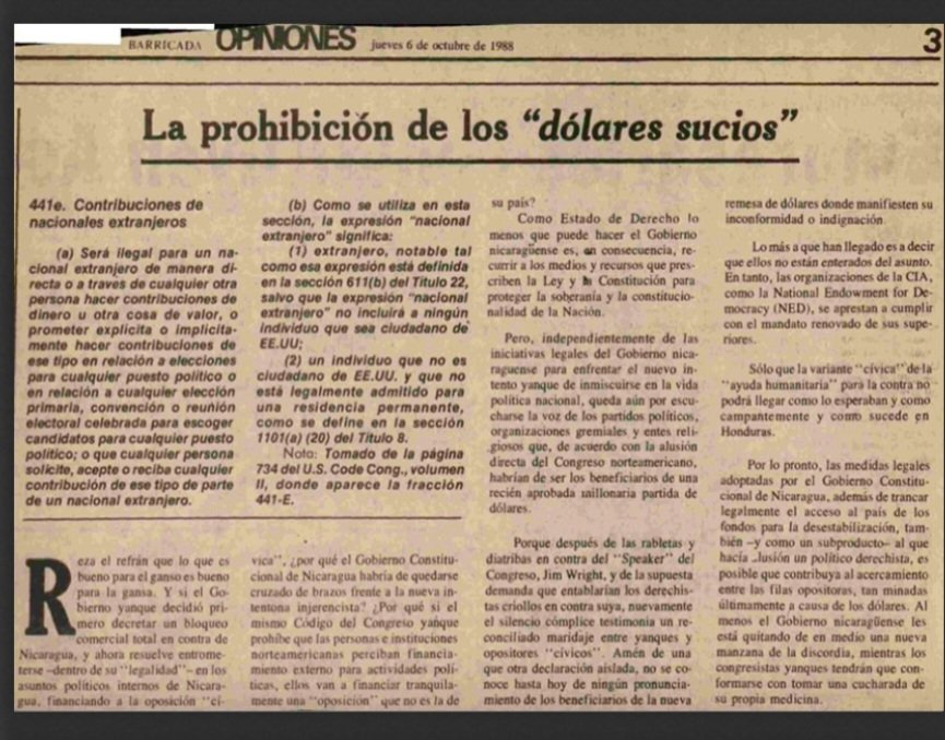 EntrelineasNoOf's tweet photo. BARRICADA

8 de octubre 1988

CARLOS FERNANDO CHAMORRO tilda de "DÓLARES SUCIOS" a la ayuda de LA ADMINISTRACIÓN REAGAN por la democracia y contra la DICTADURA SANDINISTA ORTEGA-RAMIREZ 

Celebra PROHIBICIÓN 

Ahh pero cuando esos dólares se los han dado a el... https://t.co/Ro8CvYCwXD
