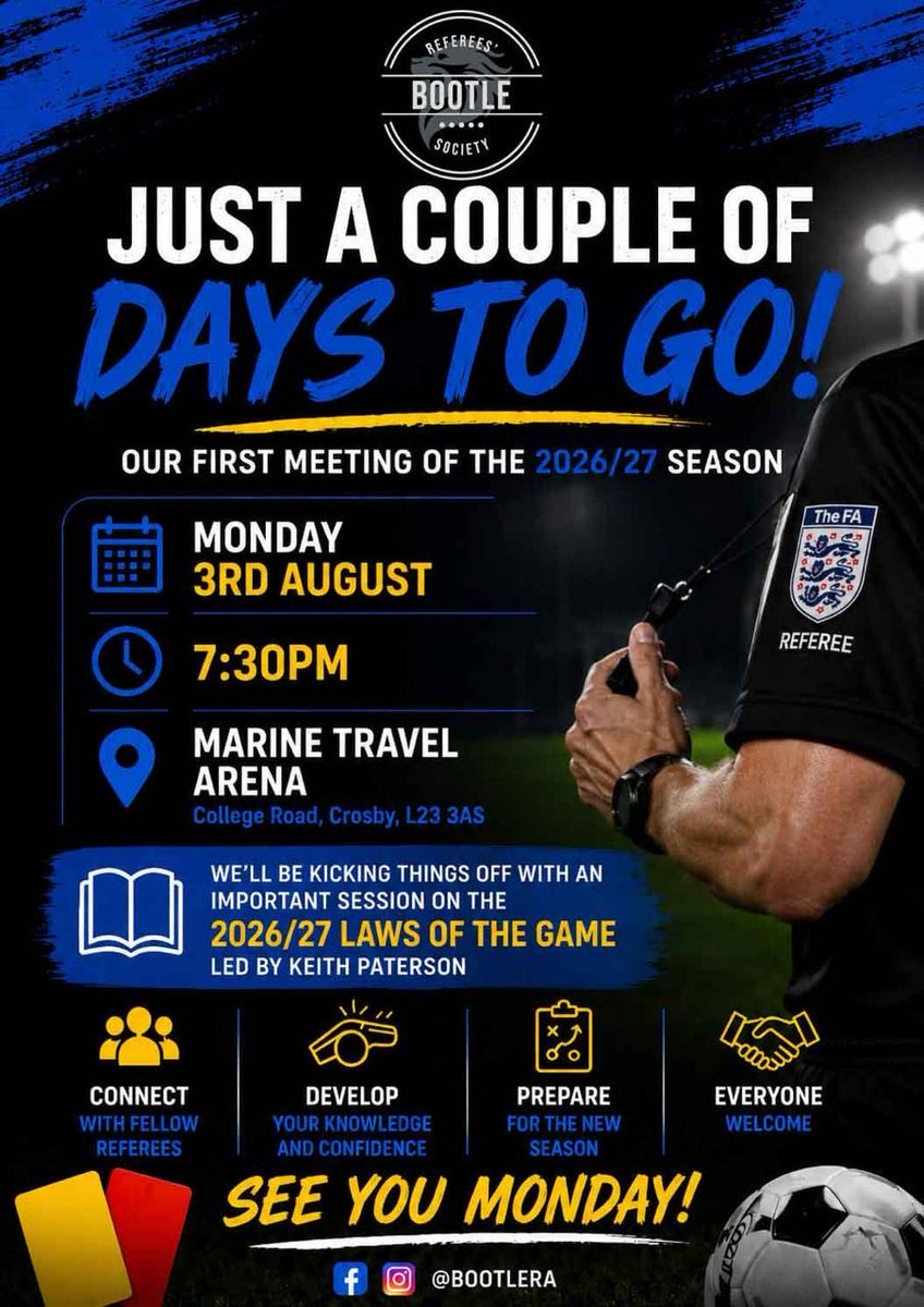 BootleRefs's tweet photo. We’re looking forward to welcoming everyone to the first Bootle Referees’ Society meeting of the 2026/27 season.
Whether you’re a new referee, an experienced official or thinking about taking up refereeing, everyone is welcome.
#BootleRA #Referees #Grassroots #LawsOfTheGame https://t.co/6PE4oFmTmq