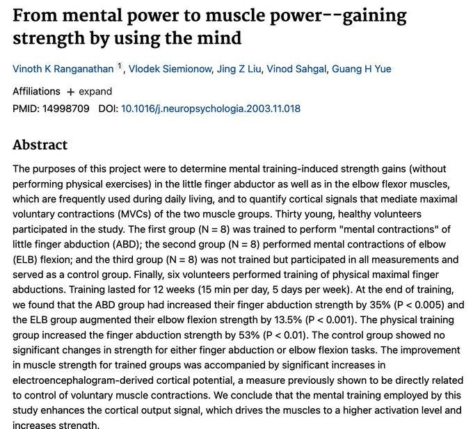 MetaMorpehus's tweet photo. "Visualizing exercise resulted in a strength increase by 35%."

The imagination is powerful:

Visualise sales; you'll close more.
Visualise success; you'll be richer.
Visualise public speaking; you'll be calmer.

Focus your mind on winning and you win more. https://t.co/M3Mt99TdAr