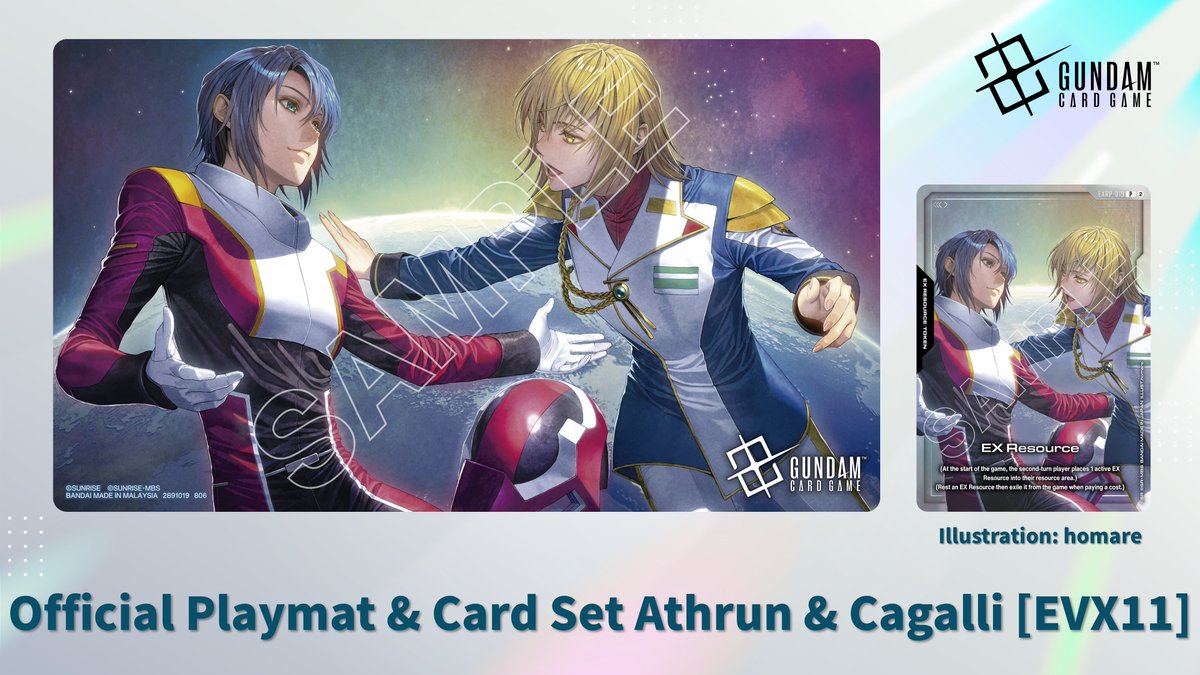 GUNDAM_GCG_ENG's tweet photo. [BCG Fest 26-27 PRODUCT SPOTLIGHT]

Official Playmat & Card Set Athrun & Cagalli [EVX11]

This set includes a playmat and EX Resource cards featuring newly illustrated artwork of Athrun & Cagalli created exclusively for this product.

▽MSRP
$43.00

▽Click here for details:
https://t.co/UHH8pn8fZC

#BCGFest
#GCG