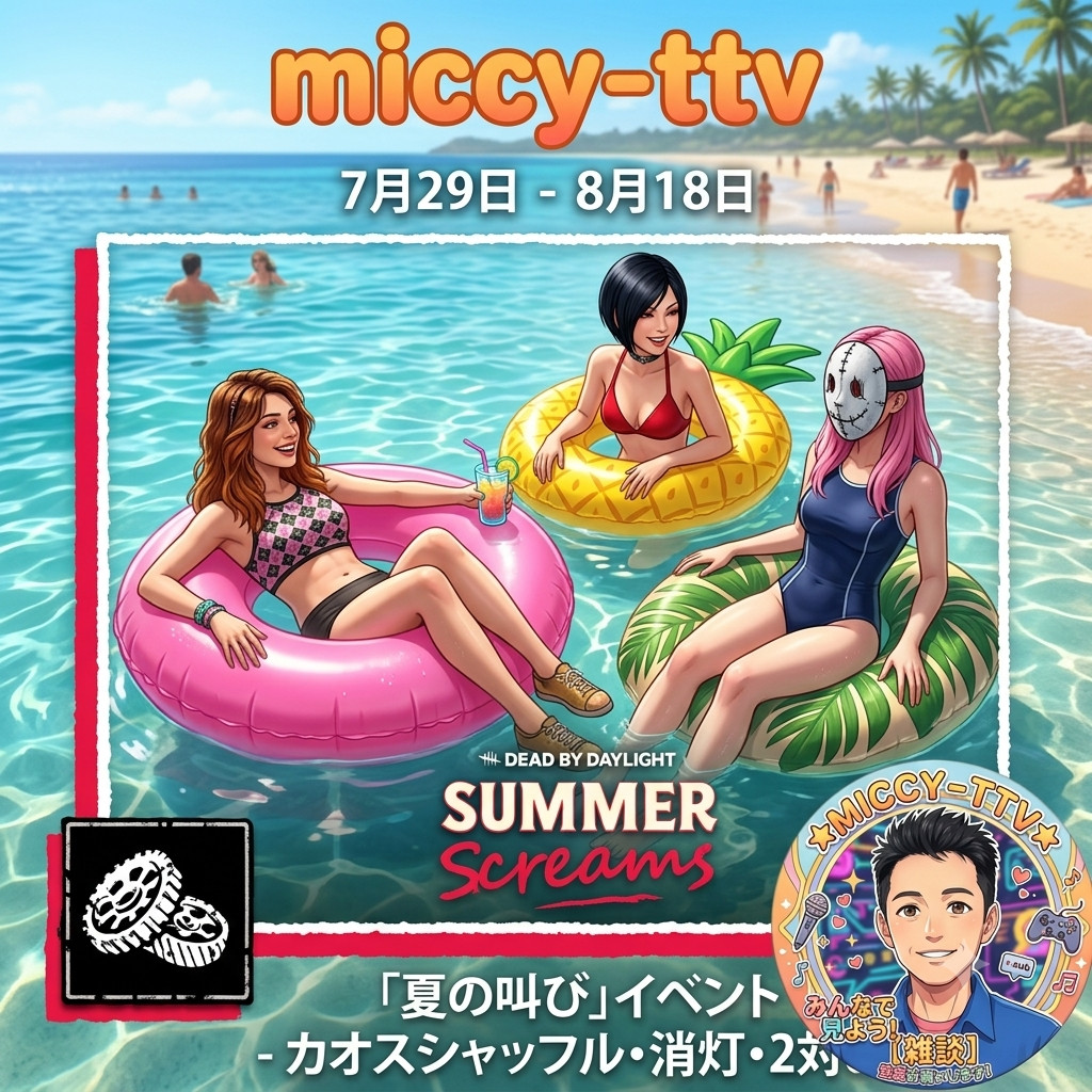 miccy_Flapping's tweet photo. 今日から８月１８日辺りまで週ごとにカオスシャッフル等やるみたいです☺️
やったことない人など一度どですか？
ってなことでゆるっとやりまっかぁ～🔪

#Twitch配信者
#マタァ～リ～
#PS5
#ASMR
#DBD

夏のイベント～グビッとASMR～サバ＆キラ～DBD～参加◯～マタァ～リ～♫ https://t.co/5AtmvZGfy2 https://t.co/1RrAdaEnzi