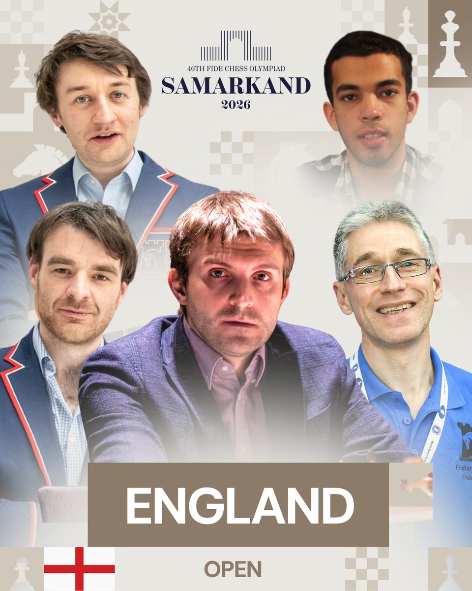 FIDE_chess's tweet photo. 🏴󠁧󠁢󠁥󠁮󠁧󠁿♟ Introducing Team England for the FIDE Chess Olympiad!

England (Women): Bodhana Sivanandan, Lan Yao, Jovanka Houska, Harriet Hunt, and Elmira Mirzoeva
Captain: Stuart Conquest

England (Open): Nikita Vitiugov, Michael Adams, Gawain Jones, Luke McShane, and Daniel Fernandez
Captain: William Watson

♟ FIDE Chess Olympiad 2026
📍 Samarkand 🇺🇿
🗓 Game days: September 16-27

#ChessOlympiad