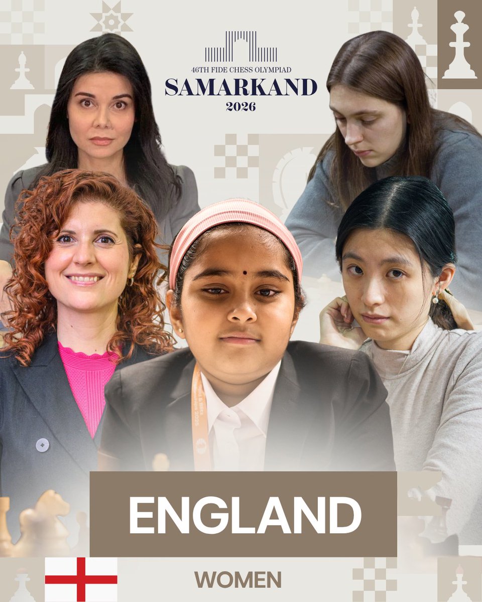 FIDE_chess's tweet photo. 🏴󠁧󠁢󠁥󠁮󠁧󠁿♟ Introducing Team England for the FIDE Chess Olympiad!

England (Women): Bodhana Sivanandan, Lan Yao, Jovanka Houska, Harriet Hunt, and Elmira Mirzoeva
Captain: Stuart Conquest

England (Open): Nikita Vitiugov, Michael Adams, Gawain Jones, Luke McShane, and Daniel Fernandez
Captain: William Watson

♟ FIDE Chess Olympiad 2026
📍 Samarkand 🇺🇿
🗓 Game days: September 16-27

#ChessOlympiad