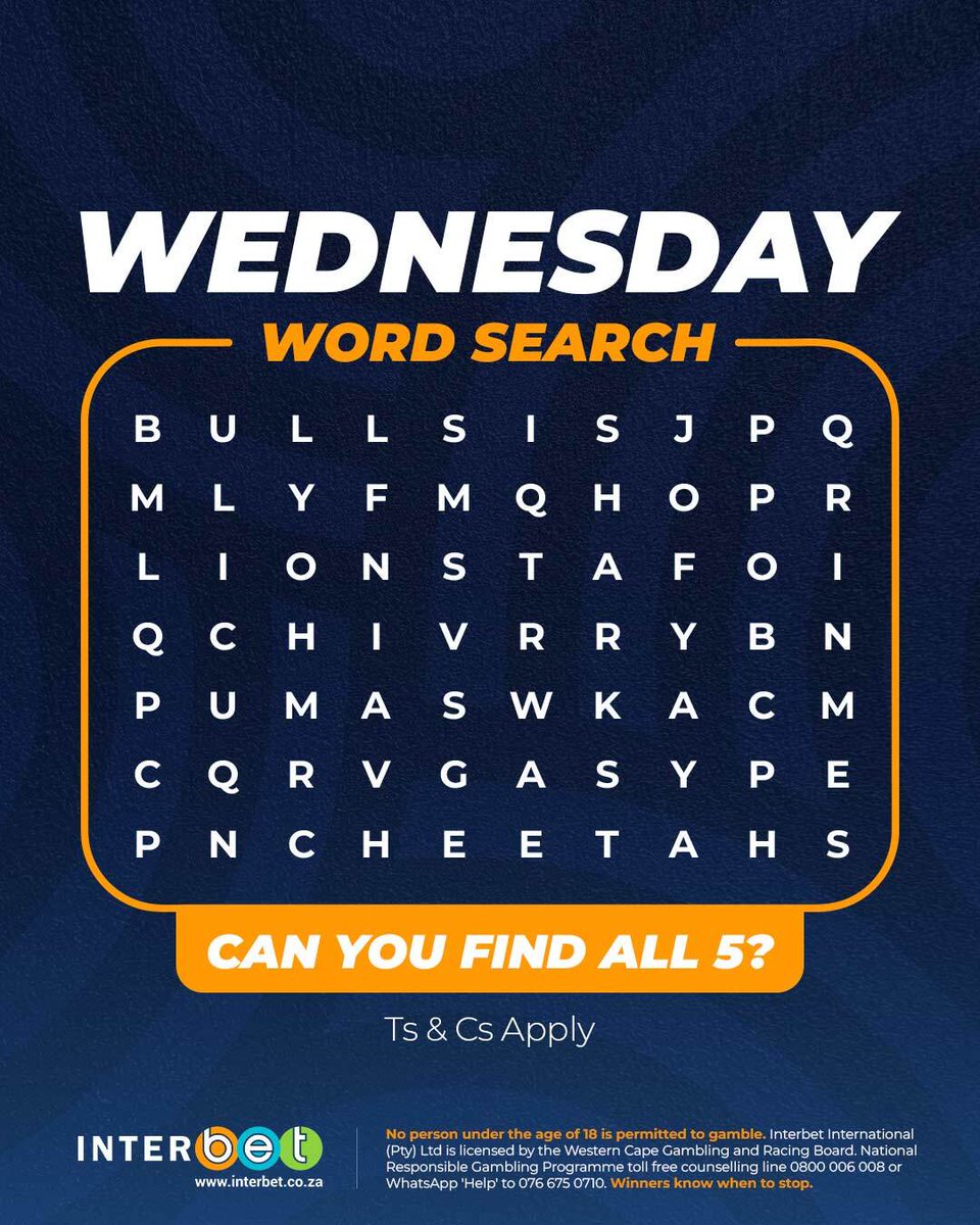interbet1's tweet photo. 🧩 Word Search Wednesday 🧩

The Currie Cup is back! Can you spot five teams hidden in today's puzzle? 🏉

Let us know. 👇

#CurrieCup #WordSearch #Interbet https://t.co/jpzkOcXTiA