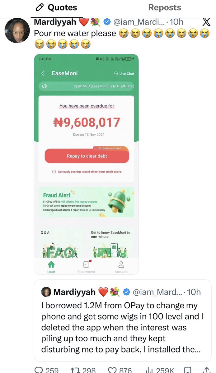 Financeblog9ja's tweet photo. Nigerian Student takes ₦1.2 Million Loan for Wigs and Iphone, deletes OPay App and woke up to a ₦9.6 Million debt.
#Financeblog9ja
#FinanceConversations #MoneyMatters https://t.co/N6iqrMWVPR