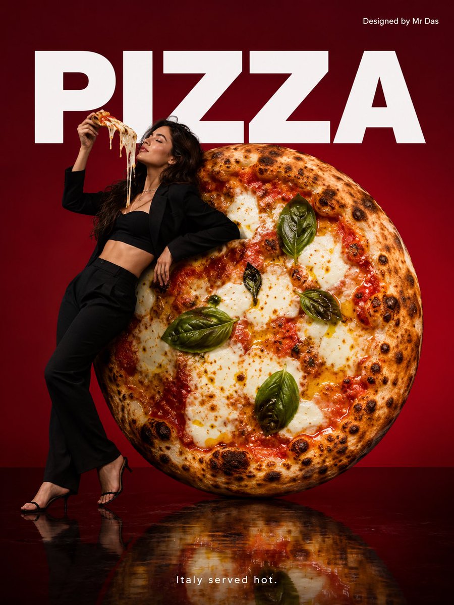MrDasOnX's tweet photo. GPT Image 2 on ChatGPT app

Prompt: Minimalist commercial ad featuring an oversized premium Neapolitan pizza with blistered crispy crust, rich San Marzano tomato sauce, melted mozzarella, fresh basil leaves, olive oil drizzle, and sea salt flakes, ultra-clean design. A fashionable young woman wearing an elegant all-black outfit leans casually against the giant pizza while holding a stretchy cheese slice, relaxed confident pose, eyes closed. Soft gradient deep crimson background with large bold white “PIZZA” text behind. Glossy reflective floor, premium studio lighting, luxury food photography, ultra-realistic, 8K. Small top-right text “Designed by Mr Das”. Bottom center tagline in small white font: “Italy served hot.”
